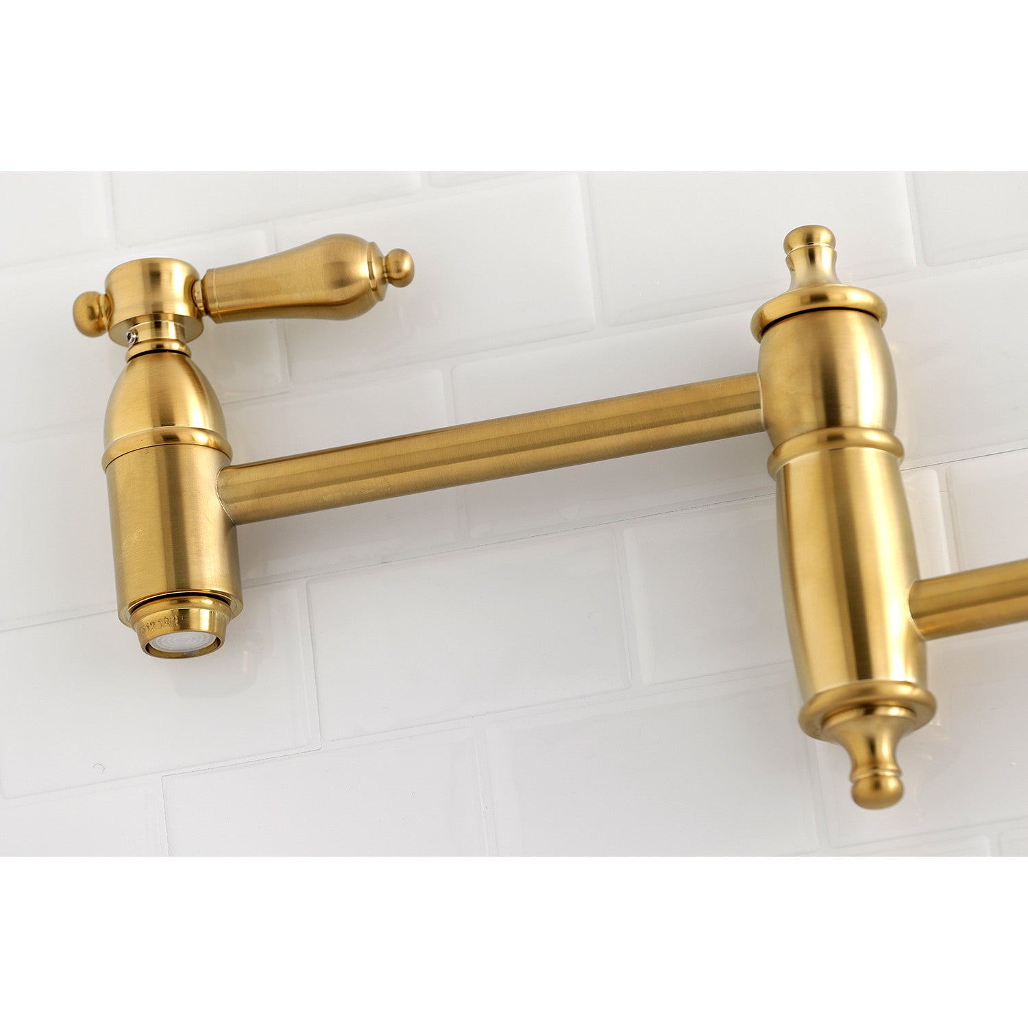 Kingston Heirloom KS3107BAL - Heirloom Two-Handle 1-Hole Wall Mount Pot Filler Faucet, Brushed Brass — thumbnail 3